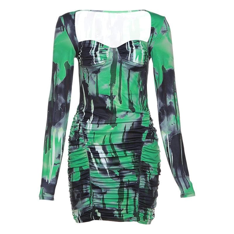 Abstract Print Long Sleeve Square Neck Sweetheart Ruched Bodycon Mini Dress 2