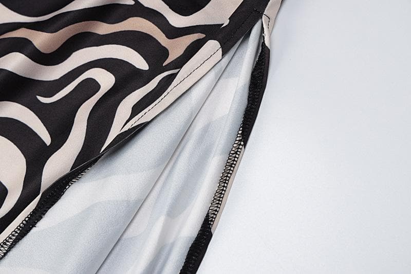 Square Neck Spaghetti Strap Lace Waistband Zebra Print Side Slit Maxi Dress 7