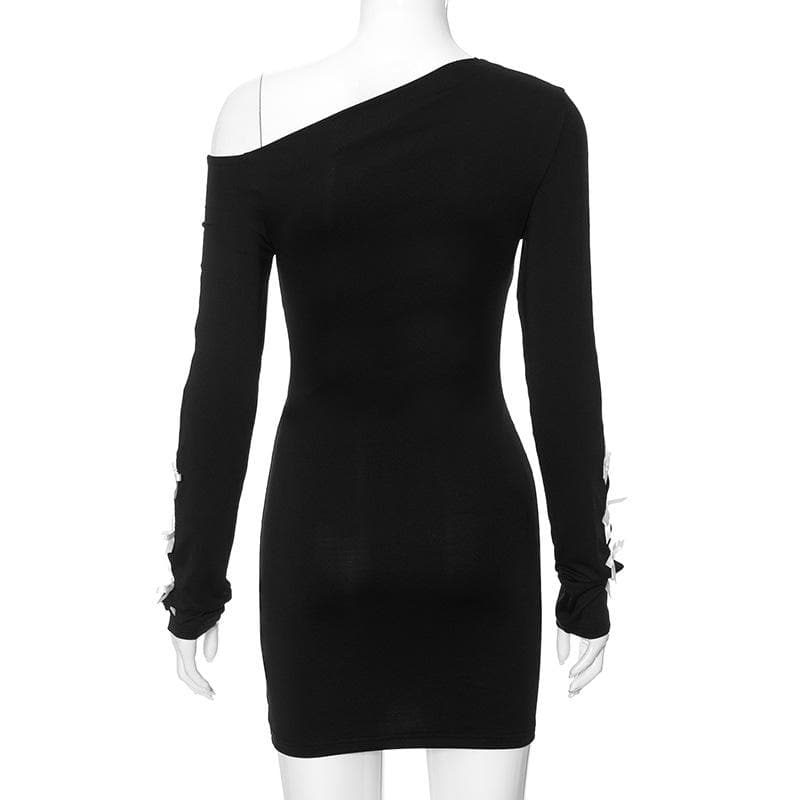 One Shoulder Bow Tie Slit Sleeve Long Sleeve Hollow Out Mini Dress 9