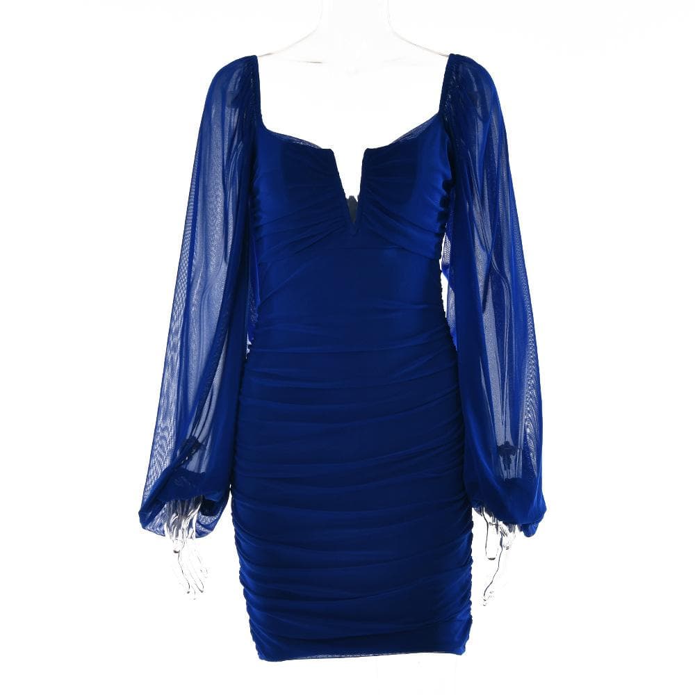 Strapless V-Notch Off Shoulder Puff Sleeve Ruched Mesh Mini Dress 12