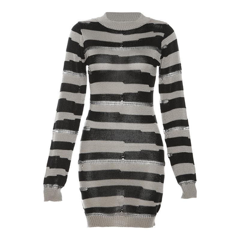 Crew Neck Distressed Open Knit Glitch Stripe Rib Knit Mini Dress 2