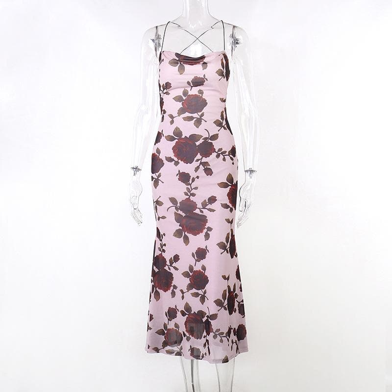 Cowl Neck Criss Cross Strap Floral Mermaid Maxi Gown 2