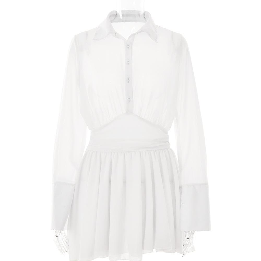 Spread Collar Deep V Ruched Waist Ruffled Cuff Mini Dress 2