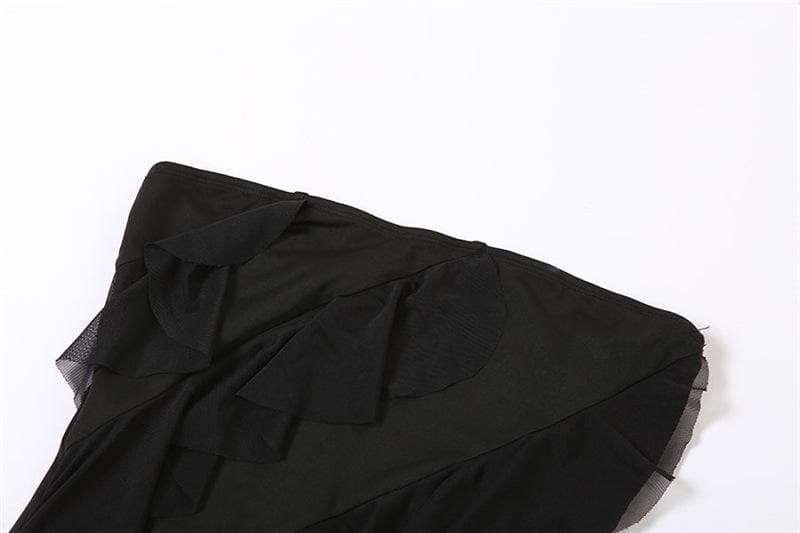Strapless Tube Diagonal Ruffle Tier High Low Slit Maxi Dress 6