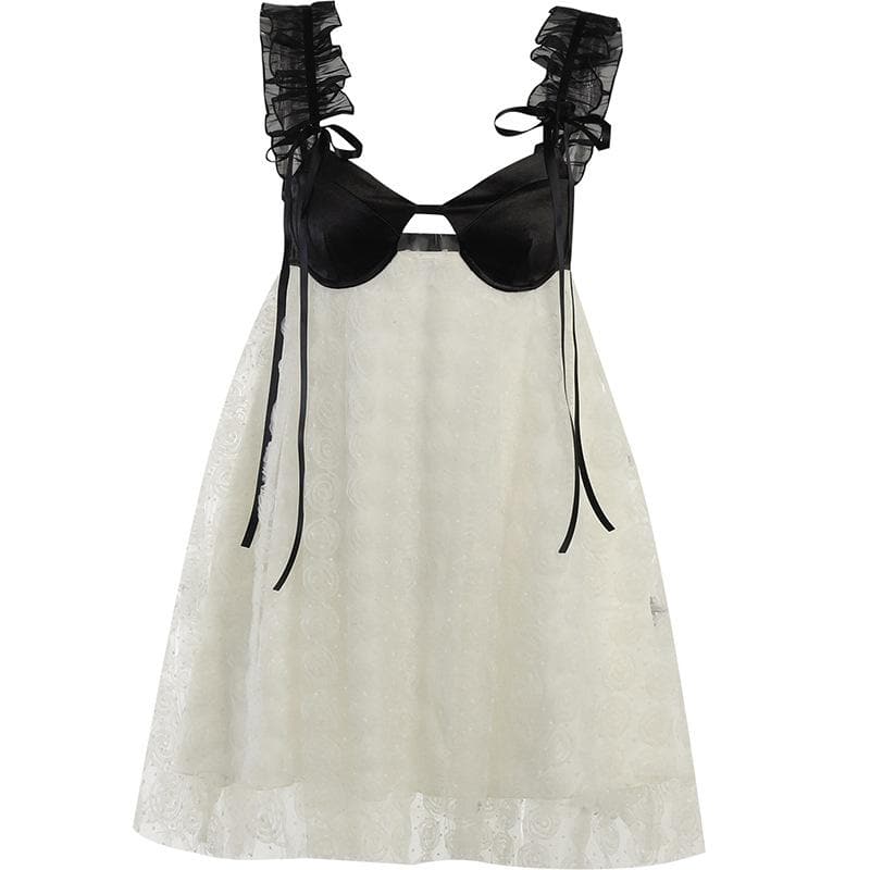 Contrast Bustier Ruffle Strap Babydoll Floral Mesh Mini Dress 2