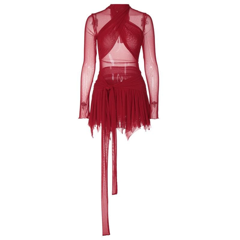 Sheer Mesh Wrap Halter Cutout Long Sleeve Pleated Tie Waist Mini Skirt Set