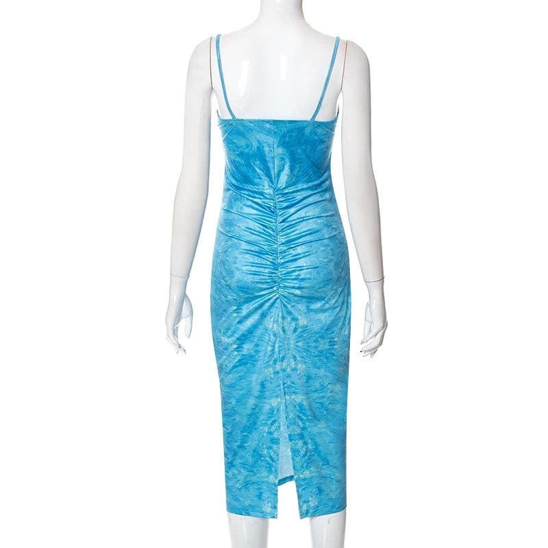 Deep V-Neck Keyhole Twist Front Marble Print Satin Maxi Dress 5