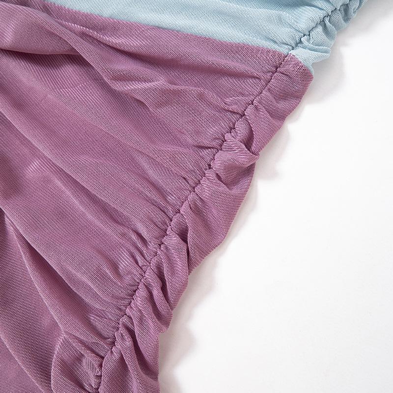 Off Shoulder Color Block Ruched Mesh Maxi Dress 5