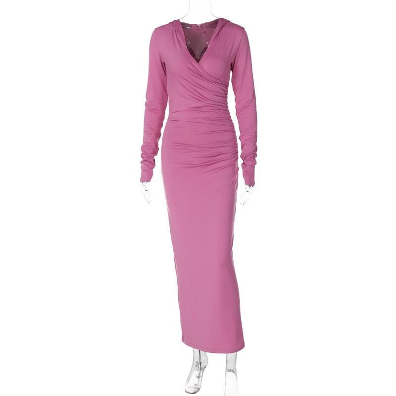 Hooded V-Neck Wrap Ruched Long Sleeve Bodycon Maxi Dress 2