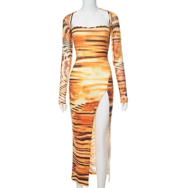 Tiger Print Spaghetti Strap Thigh Slit Bodycon Maxi Dress with Long Sleeve Shrug 3