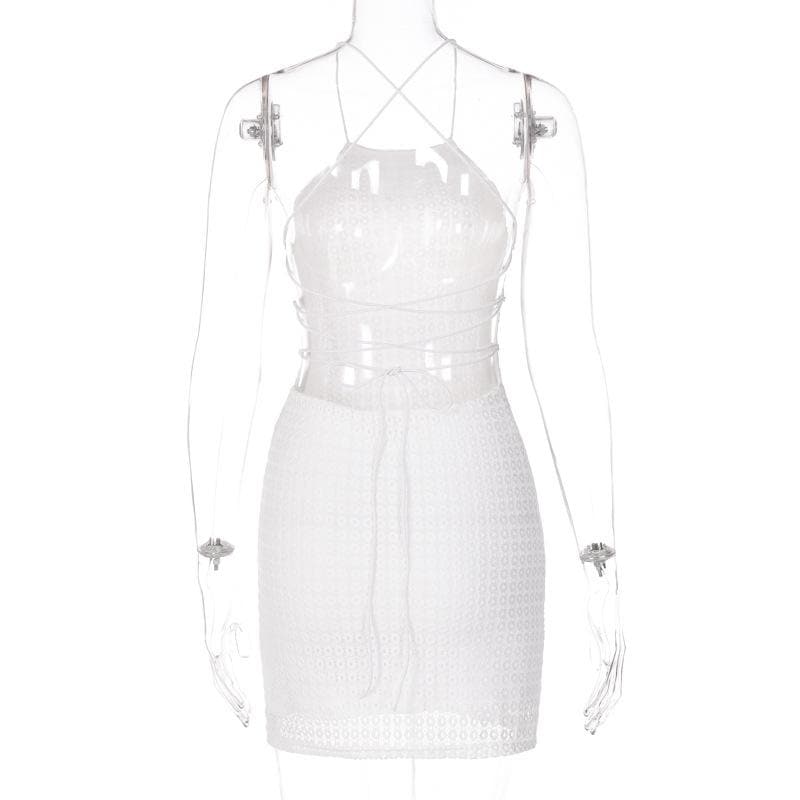 Textured Eyelet Cross Back Lace Up Backless Mini Dress 4