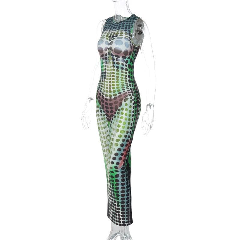 Crewneck Trompe Loeil Body Print Contrast Sleeveless Maxi Dress 7