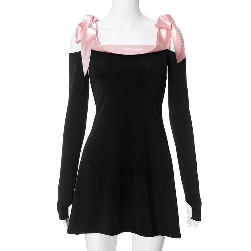 Off Shoulder Satin Ribbon Bow Thumbhole Long Sleeve Mini Dress 5