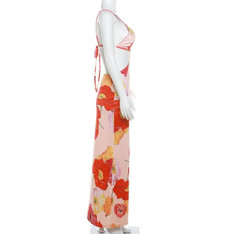 Floral Print Plunge Neck Waist Cutout Spaghetti Strap Maxi Dress 3