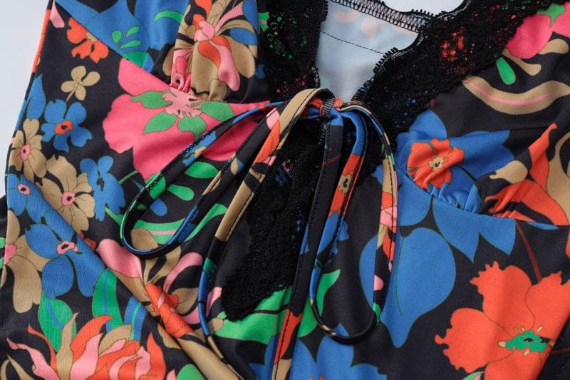 Lace Trim Tie Front Plunge V Neck Floral Maxi Dress 6
