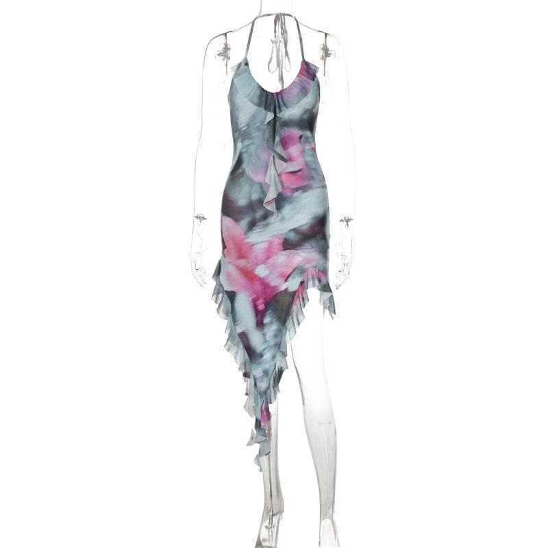 Tie-Dye Print Halter Ruffle Trim Asymmetrical Handkerchief Hem Mini Dress 8