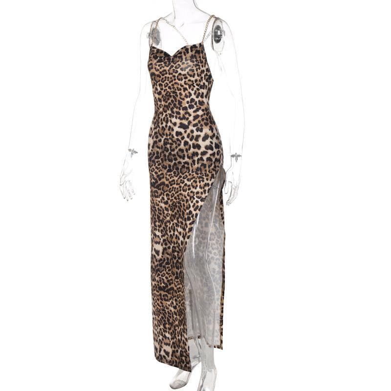 Print Chain Strap Cowl Neck High Slit Maxi Dress 3