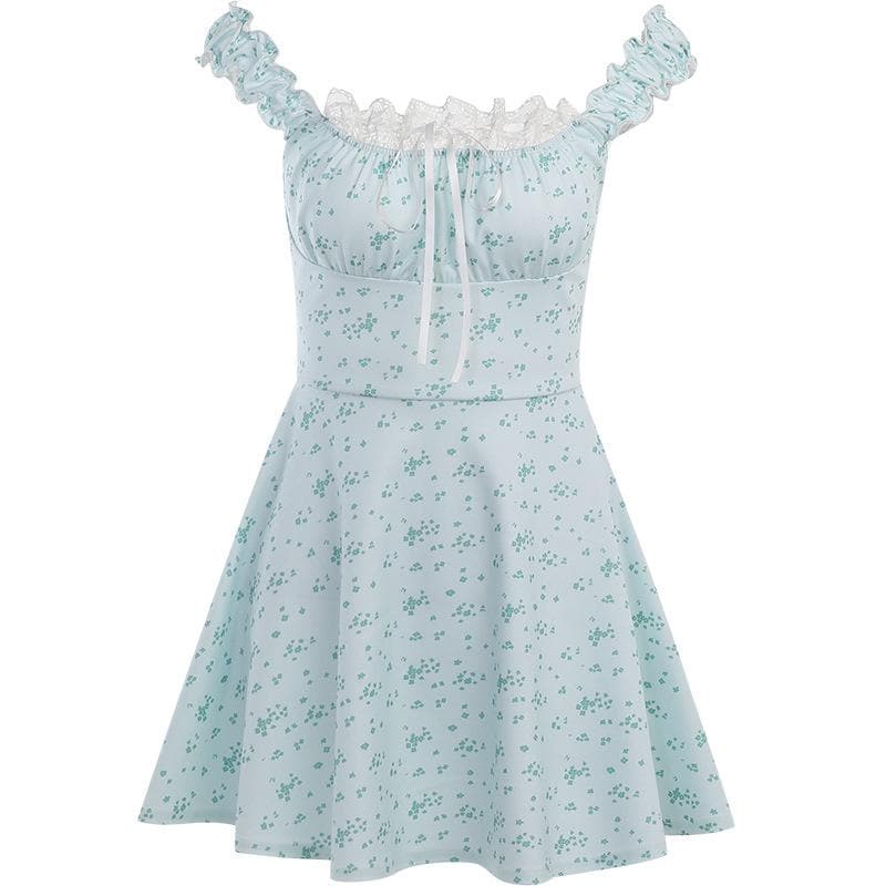 Square Neck Lace Trim Ribbon Bow Ruffle Strap Ditsy Floral Mini Dress 2
