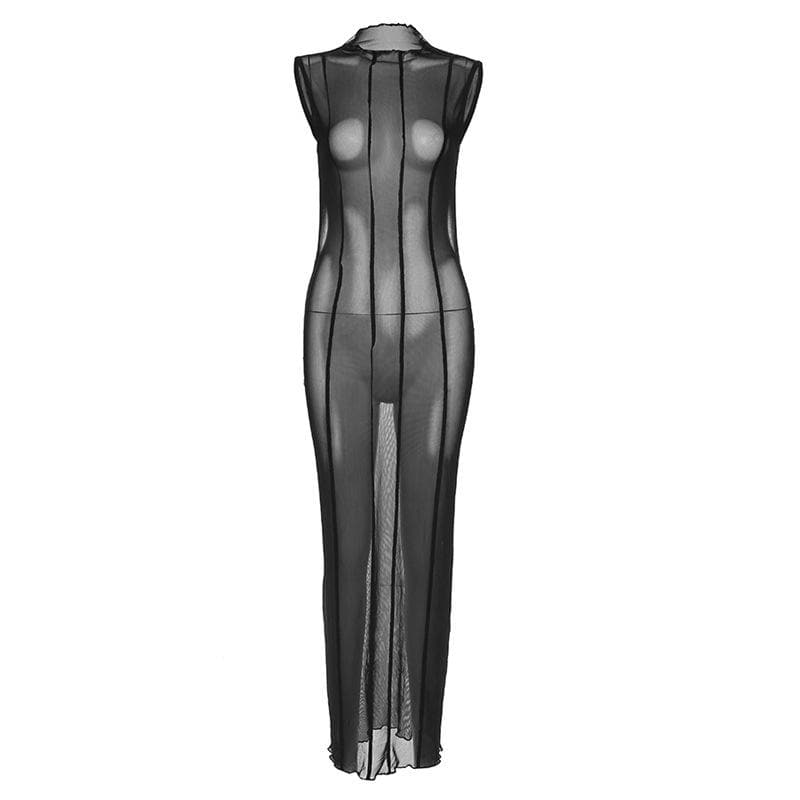 High Neck Vertical Panel Sheer Mesh Backless Maxi Dress 2