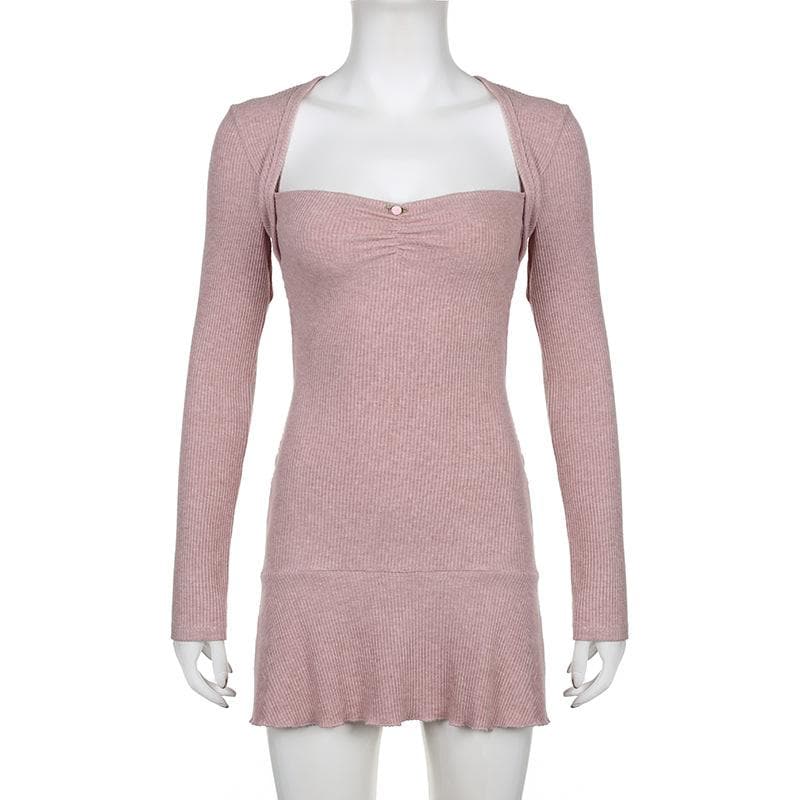 Sweetheart Neck Ribbed Knit Ruffle Shrug Long Sleeve Tube Mini Dress 9