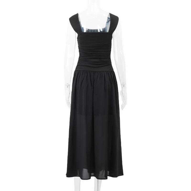 Square Neck Wide Strap Ruched Bodice Dropped Waist Gathered Maxi Dress 4
