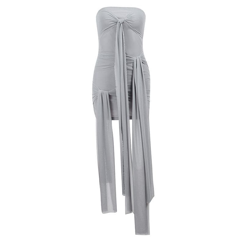 Strapless Ruched Self Tie Streamer Overlay Tube Mini Dress