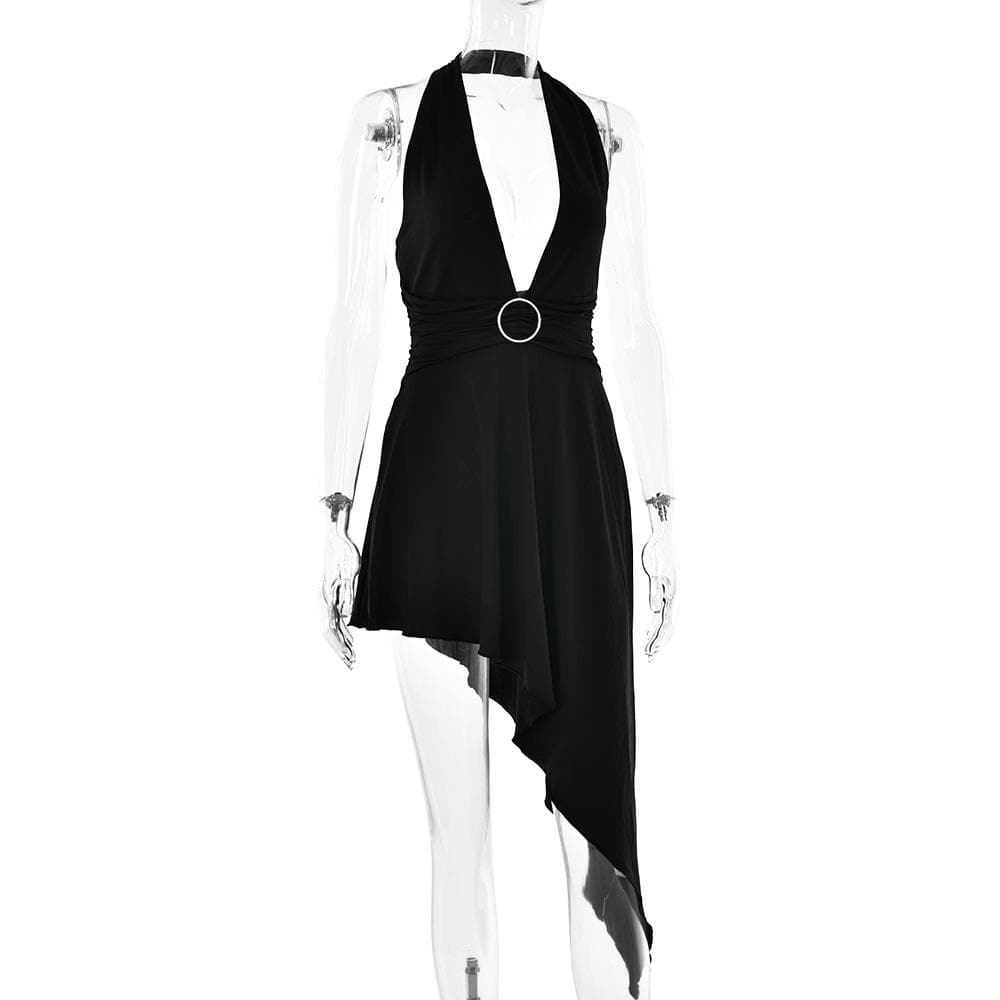 Halter O-Ring Plunge V-Neck Ring Waist Asymmetric Hem Midi Dress 4