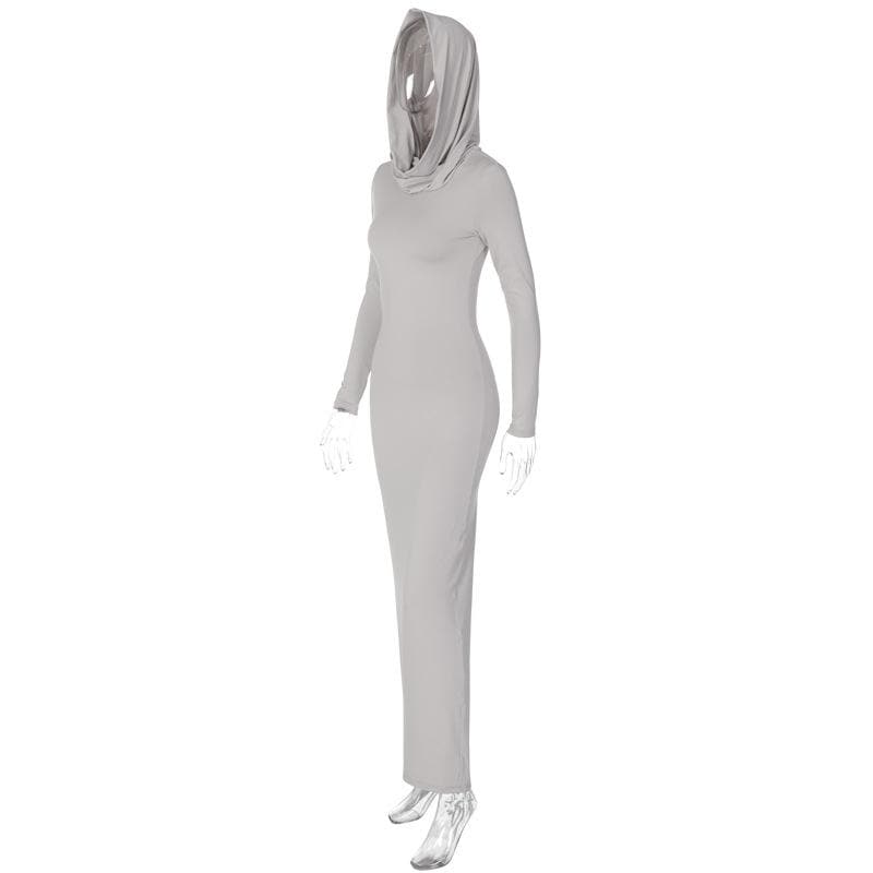 Hooded Long Sleeve Cowl Neck Side Slit Bodycon Maxi Dress 5