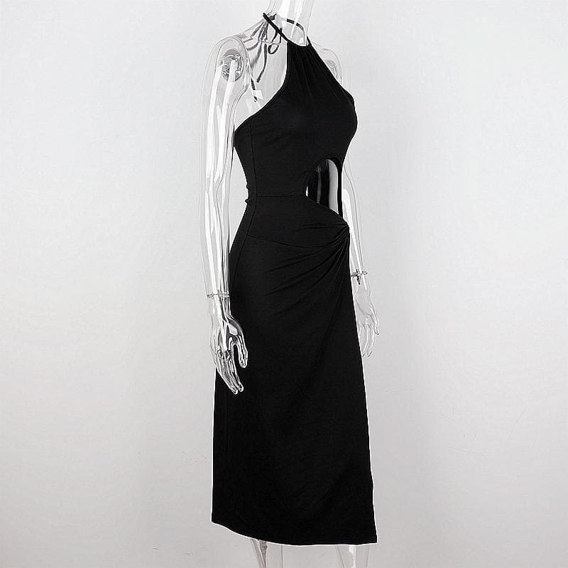 Halter Neck Circular Cutout Ruched Side Slit Maxi Dress 3