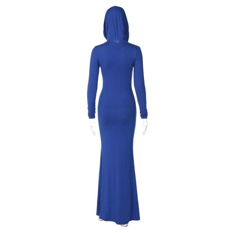 Hooded Cowl Neck Long Sleeve Bodycon Floor-Length Maxi Dress 4