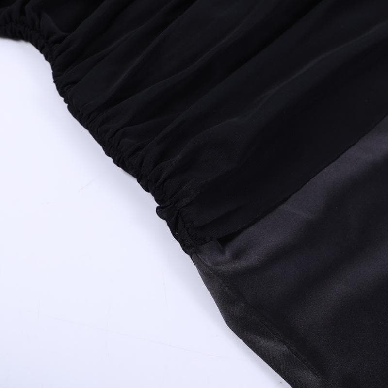 Square Neck Ruched Mesh Satin Panel Maxi Dress 5