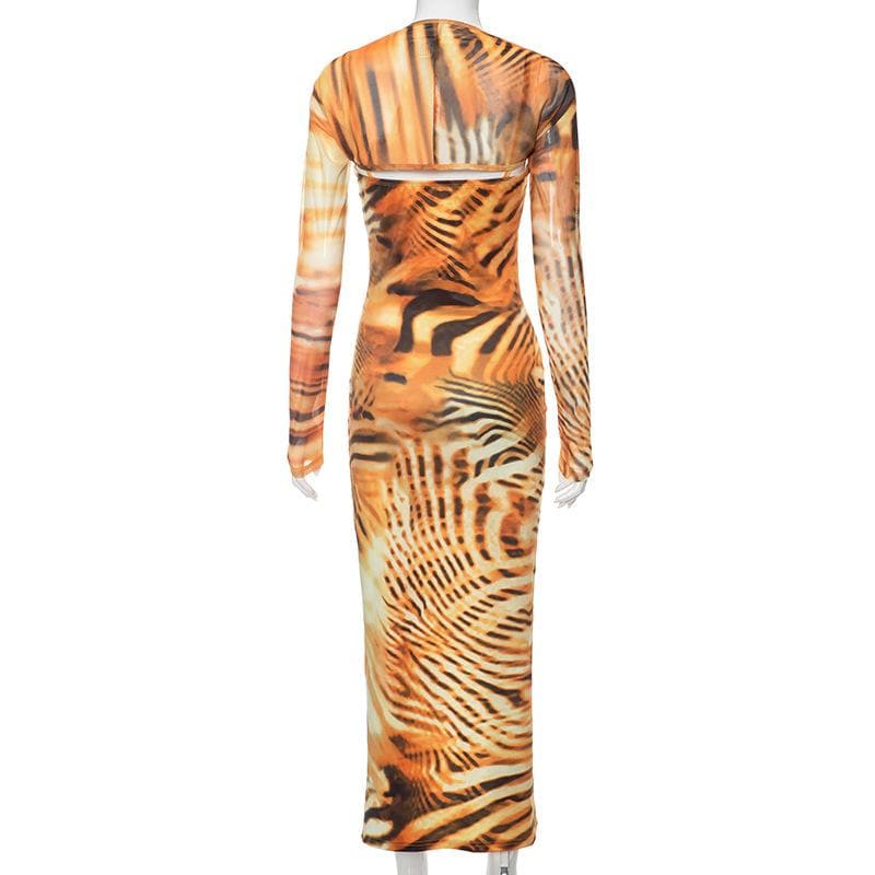 Tiger Print Spaghetti Strap Thigh Slit Bodycon Maxi Dress with Long Sleeve Shrug 5