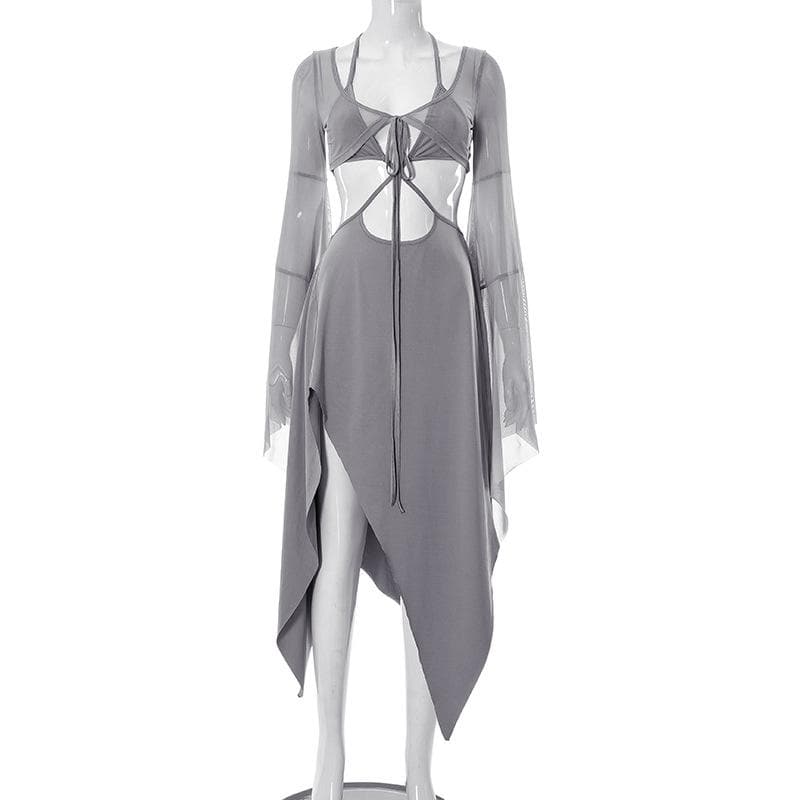 Halter Keyhole Self Tie Bell Sleeve Shrug Cutout Side Slit Handkerchief Hem Midi Dress 4
