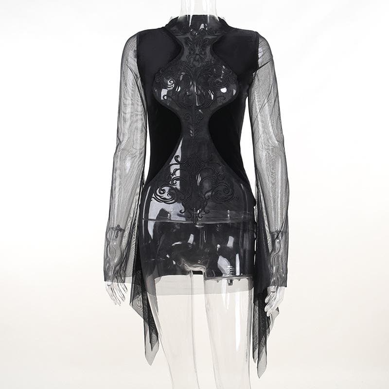 Velvet Flocked Mesh Mock Neck Bell Sleeve Gothic Mini Dress 3