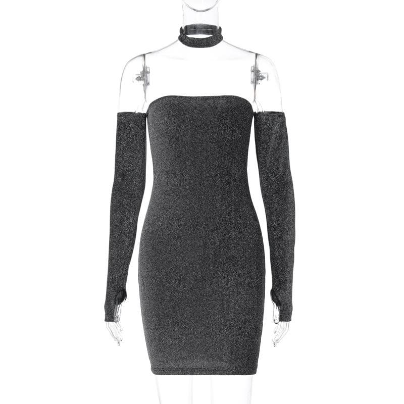 Strapless Glitter Tube Detached Sleeve Thumbhole Choker Mini Dress Set 2