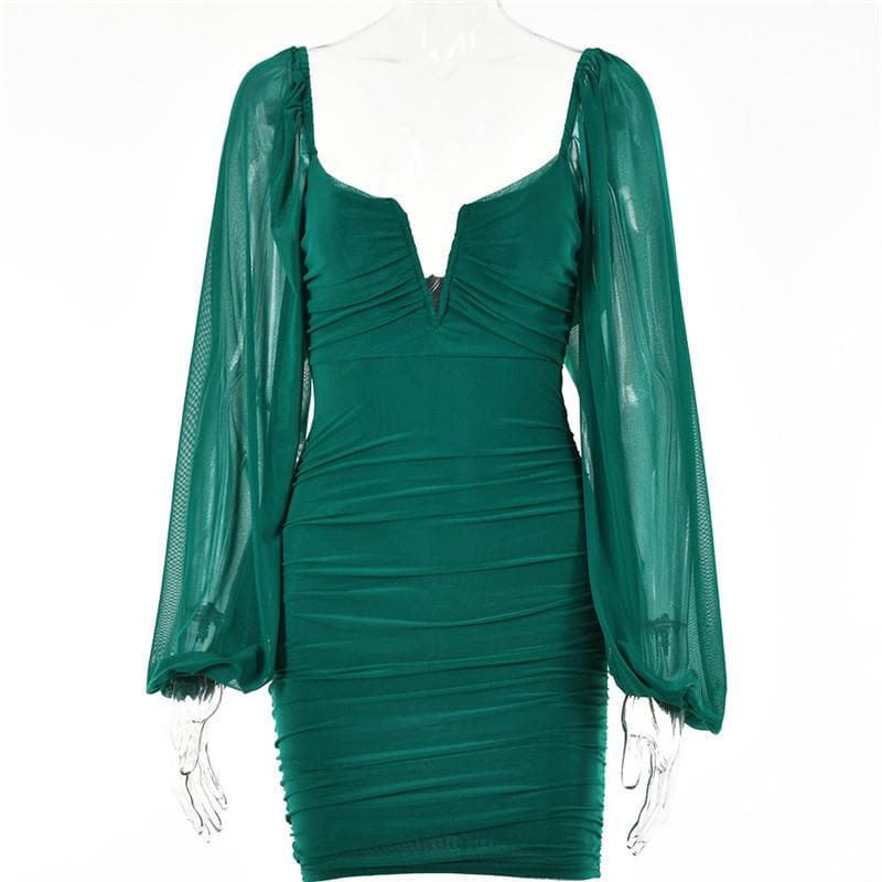Strapless V-Notch Off Shoulder Puff Sleeve Ruched Mesh Mini Dress 14