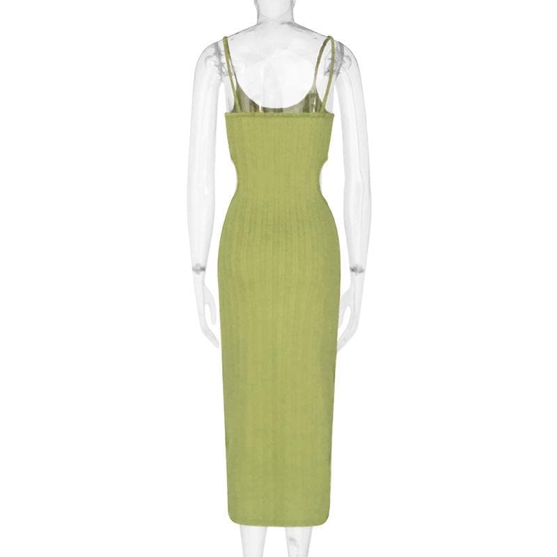 Scoop Neck Spaghetti Strap Textured Rib Knit Waist Cutout Bodycon Midi Dress 6