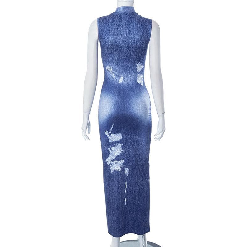 Mock Neck Distressed Faux Denim Print Bodycon Maxi Dress 5