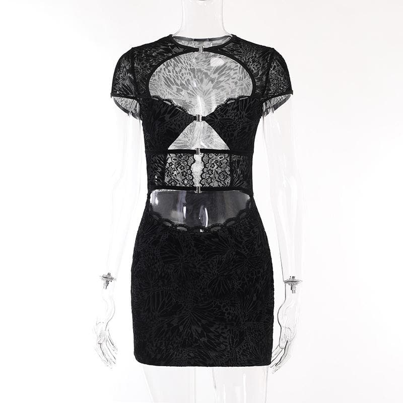 Flocked Butterfly Lace Cutout Buckle Bodycon Mini Dress 9