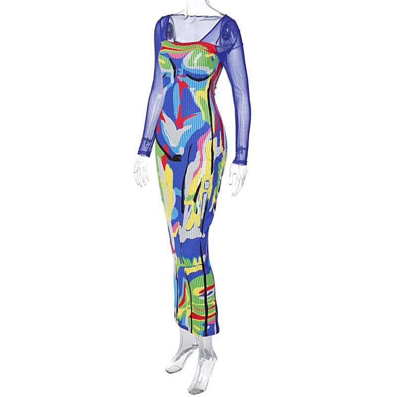 Square Neck Long Sleeve Abstract Face Print Mesh Sleeve Bodycon Maxi Dress 4