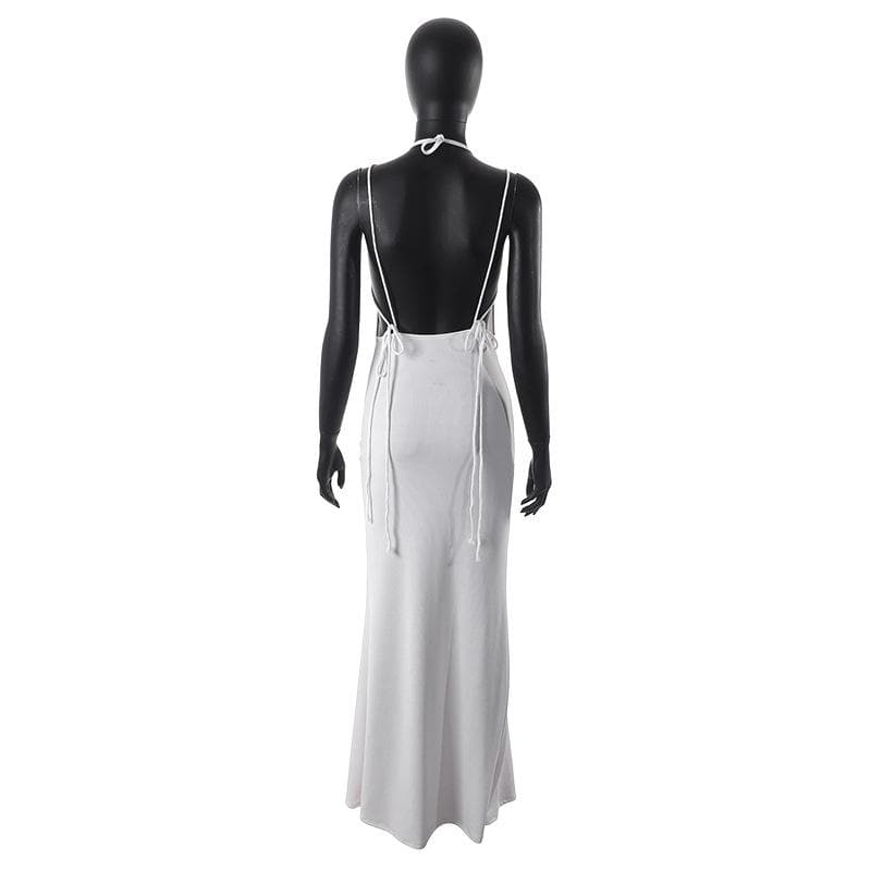 Ribbed Halter Crisscross Strap Backless Sleeveless Bodycon Maxi Dress 3