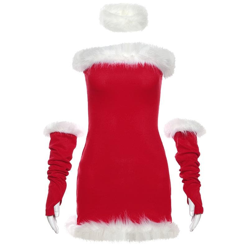 Strapless Faux Fur Trim Rib Knit Detached Sleeve Tube Mini Dress 3