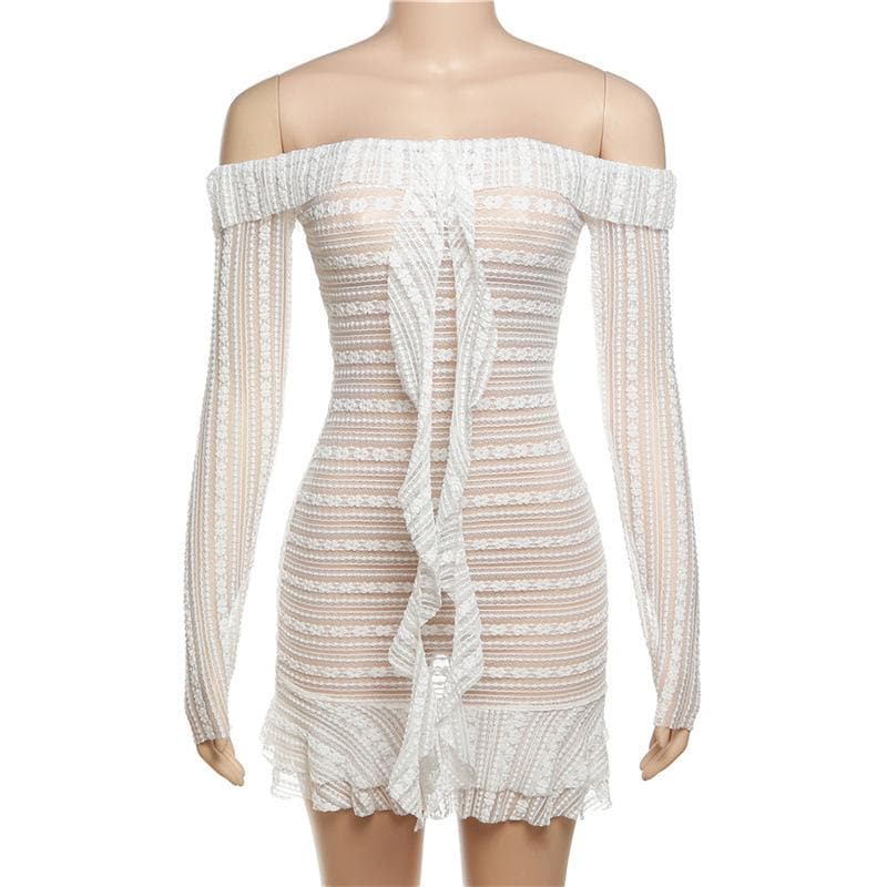 Off-Shoulder Sheer Lace Stripe Ruffle Trim Center Ruffle Long Sleeve Mini Dress 8