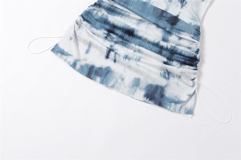 Cowl Neck Spaghetti Strap Tie Dye Side Ruched Bodycon Mini Dress 4