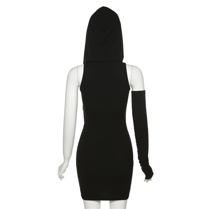 Rib Knit Hood Cowl Overlay Single Glove Sleeve Bodycon Mini Dress 4