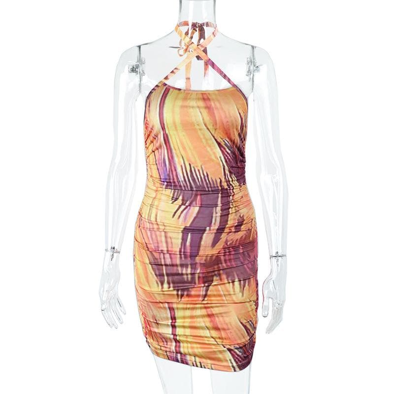 Abstract Marble Print Halter Ruched Bodycon Mini Dress 4