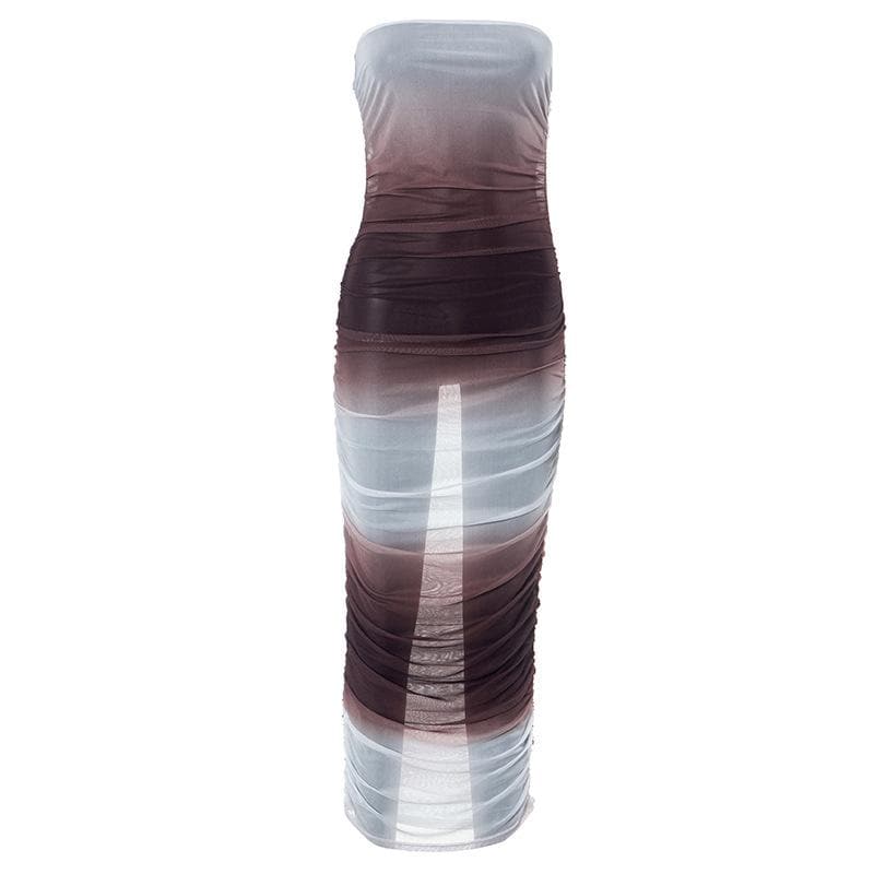 Gradient Mesh Ruched Strapless Tube Bodycon Maxi Dress 2