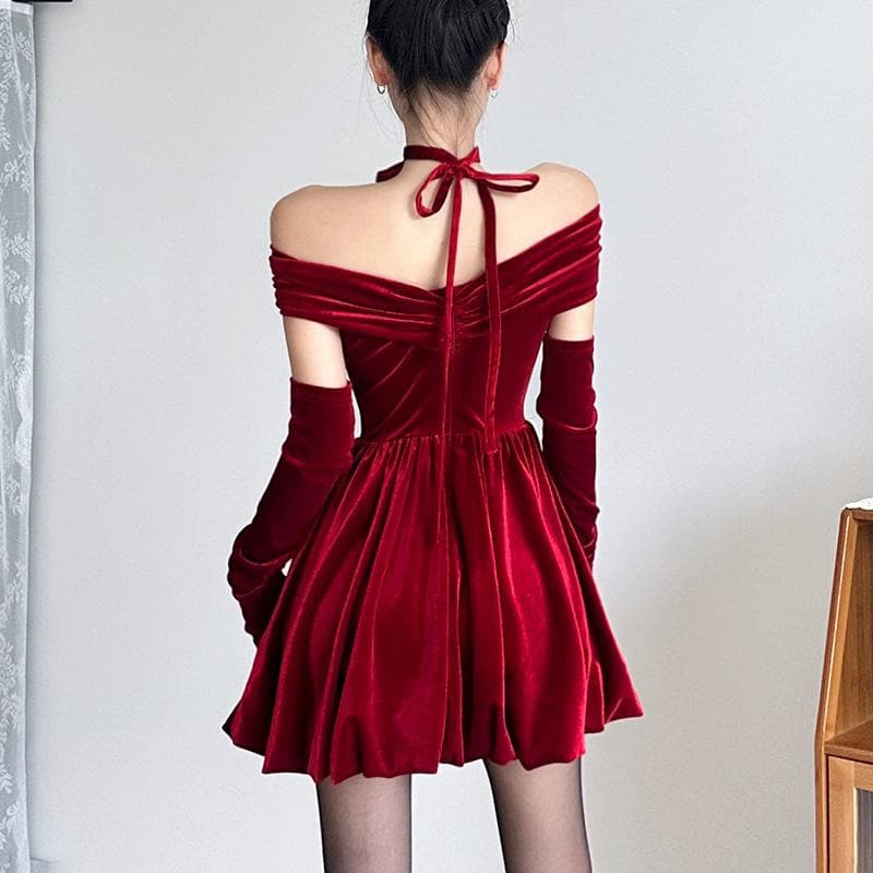 Off Shoulder Ruched Zip Long Sleeve Bubble Hem Mini Dress 4