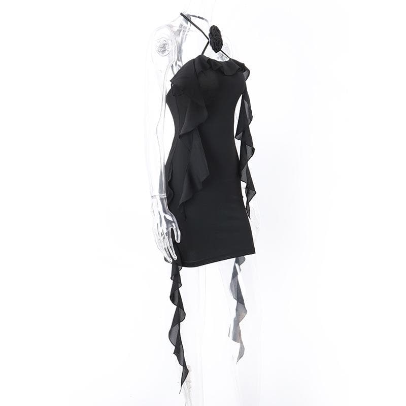 Halter Rosette Choker Side Ruffle Trim Bodycon Mini Dress 5