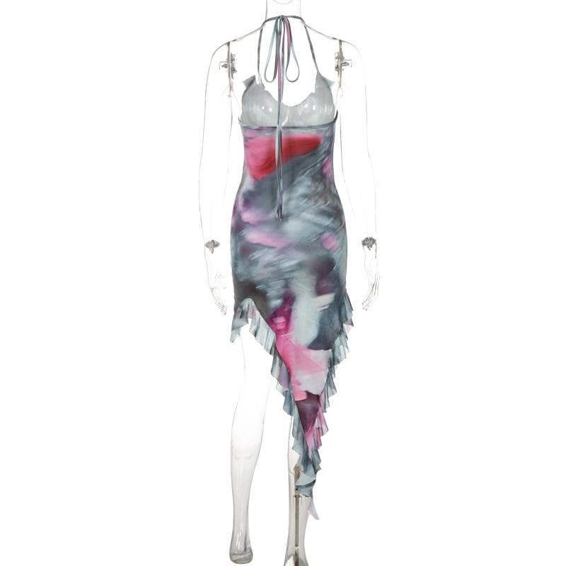 Tie-Dye Print Halter Ruffle Trim Asymmetrical Handkerchief Hem Mini Dress 4